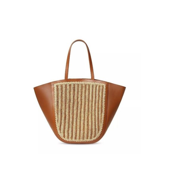 LOEFFLER RANDALL Katia crochet raffia and leather large tote- BEIGE/TAN/